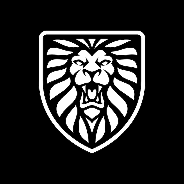 Diseño del logotipo del emblema del escudo del león sobre fondo oscuro