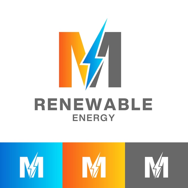 Diseño de logotipo de energía renovable con letra M o diseño de logotipo de icono de trueno