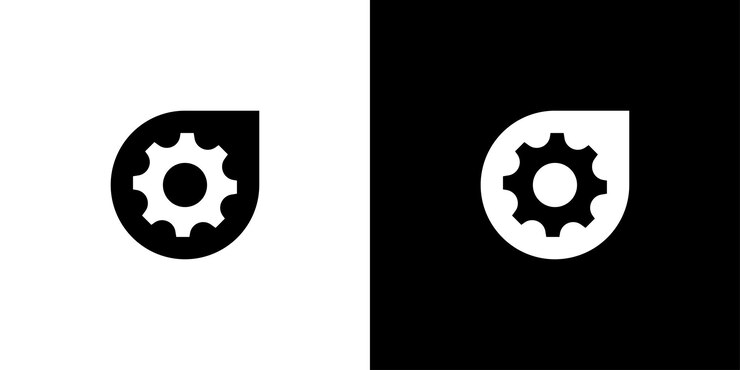 Diseño de logotipo de engranaje sobre fondo blanco y negro