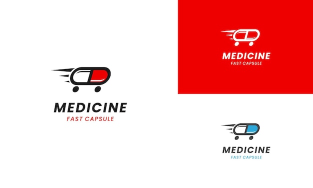 Diseño de logotipo de entrega de automóvil de farmacia de hospital de píldora de cápsula de medicina rápida