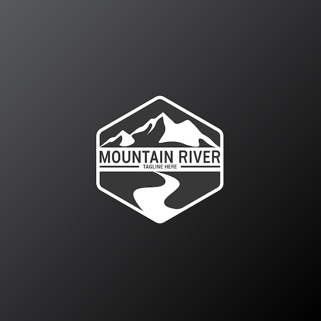 Diseño del logotipo de la escena de aventura en el río de montaña para el símbolo de marca