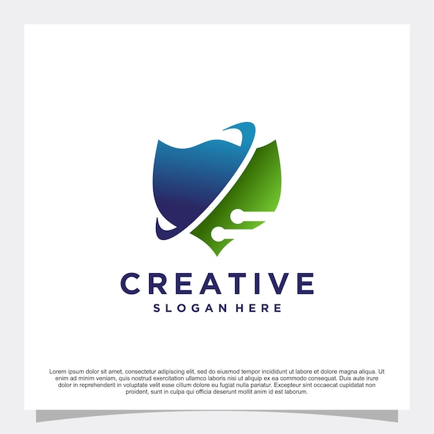diseño de logotipo de escudo con concepto de tecnología vector premium