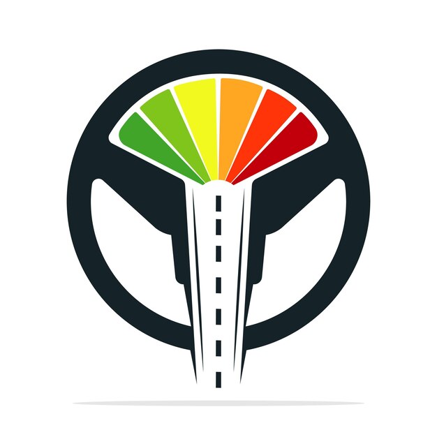 Diseño del logotipo de la escuela de conducción Icono de vector de medidor de velocidad y carretera del volante
