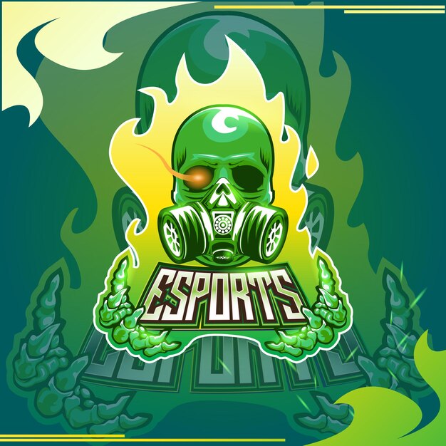 diseño de logotipo de esport de calavera verde con efecto de texto editable