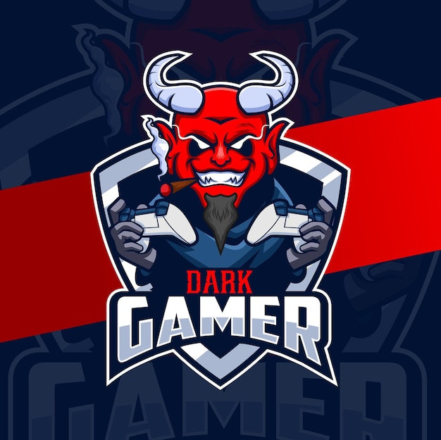 Diseño de logotipo de esport de personaje de mascota de jugador de diablo rojo con consola de juegos y cigarrillo