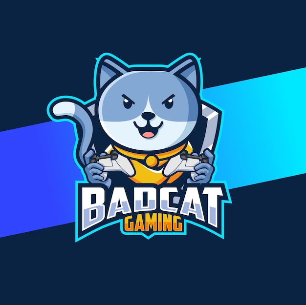 Vector diseño de logotipo de esport de personaje de mascota linda de gato malo con palo de juego para logotipo de juego