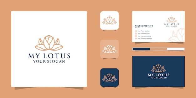 Diseño de logotipo de estilo de arte de línea de flor de loto y tarjeta de visita