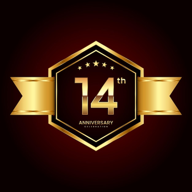 Diseño de logotipo con estilo de emblema para el 14 aniversario.