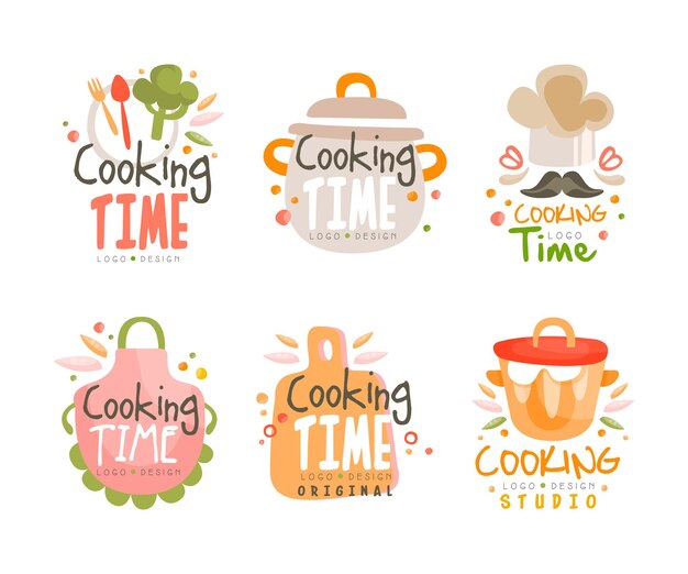 Diseño del logotipo del estudio de cocina con diferentes utensilios de cocina