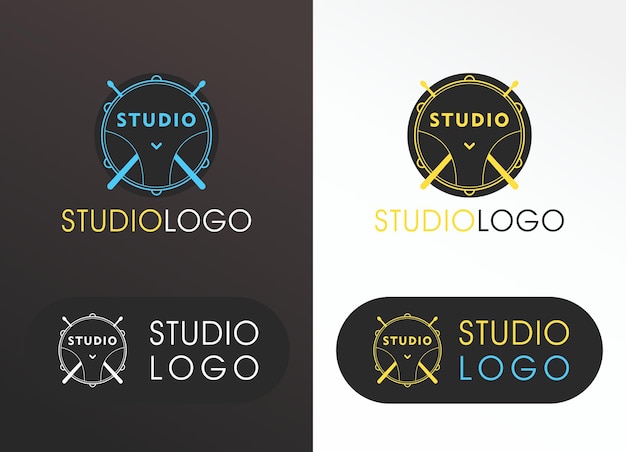 diseño de logotipo de estudio de música con tambores en un estilo de metal y rock utilizable para bandas y músicos