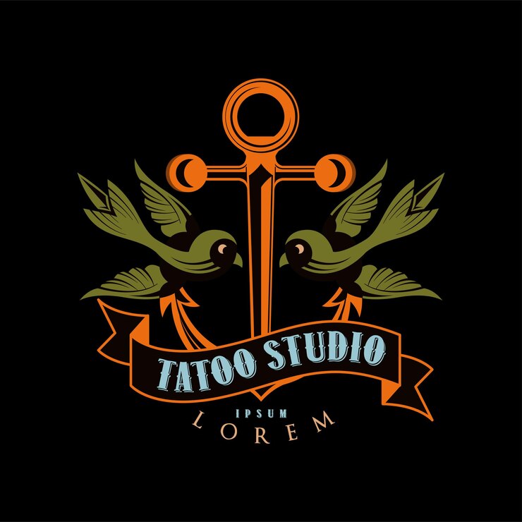 Vector diseño de logotipo de estudio de tatuaje emblema de estilo retro con ancla y pájaros vector ilustración sobre un fondo negro
