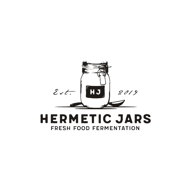 Diseño de logotipo de etiqueta clásica de tarro de vidrio hermético de almacenamiento de albañil dibujado a mano vintage