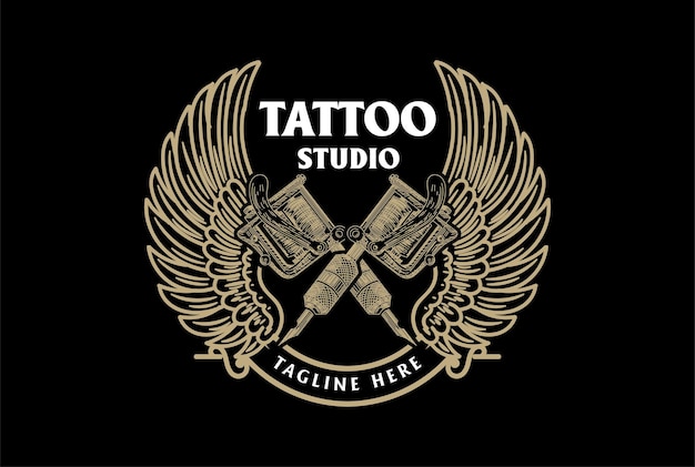 Diseño de logotipo de etiqueta de emblema de insignia de alas de máquina de tatuaje de tinta cruzada retro vintage