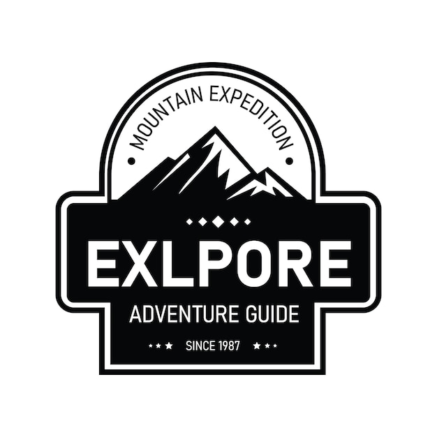 Diseño del logotipo de la expedición de montaña con tipografía audaz e ilustración icónica de la montaña para la marca de la guía de aventuras