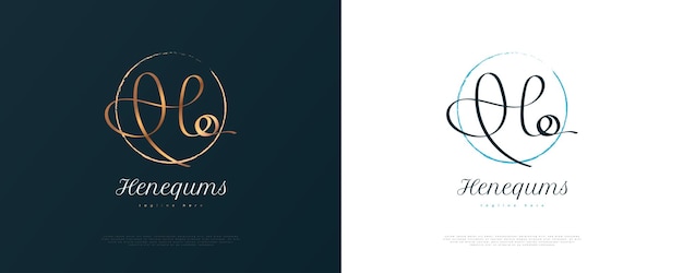 Diseño de logotipo de firma inicial HQ con estilo de escritura a mano dorada Diseño de logotipo inicial H y Q para boutique de joyería de moda de boda e identidad de marca comercial
