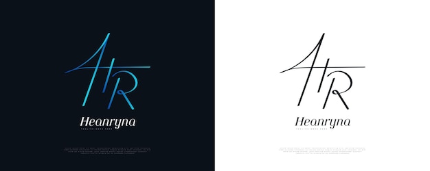 Diseño de logotipo de firma inicial hr con estilo de escritura a mano en degradado azul diseño de logotipo inicial h y r para boutique de joyería de moda de boda e identidad de marca comercial