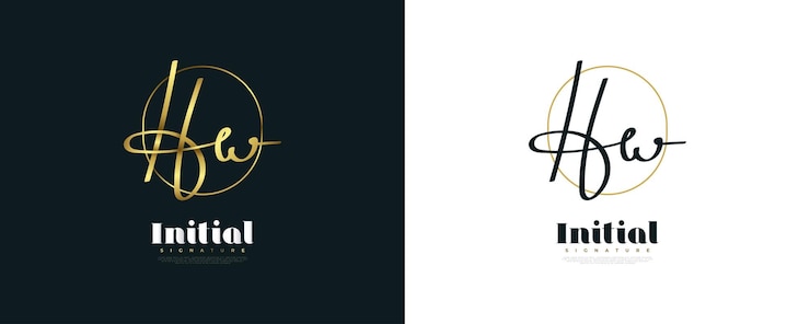 Vector diseño de logotipo de firma inicial hw en estilo de escritura a mano dorada diseño de logotipo inicial h y w para boutique de joyería de moda de boda e identidad de marca comercial