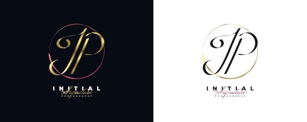 Diseño de logotipo de firma inicial JP con estilo de escritura a mano de oro elegante y minimalista Diseño de logotipo J y P inicial para boutique de joyería de moda de boda e identidad de marca comercial