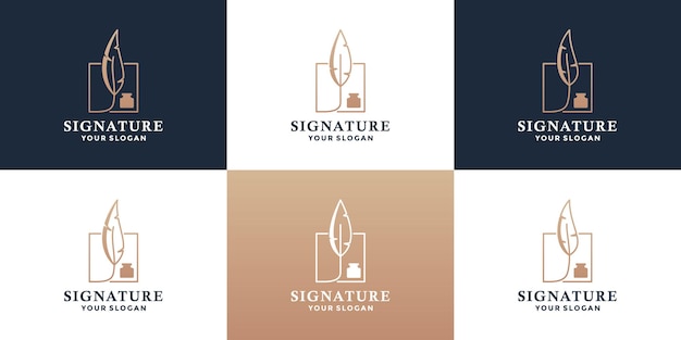 Vector diseño del logotipo de la firma del paquete. pluma de la pluma, marco del símbolo del logotipo de papelería