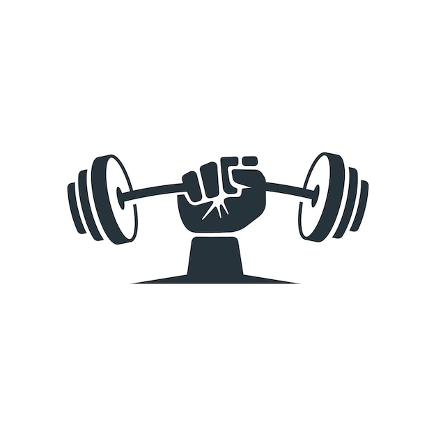 Vector diseño de logotipo de fitness con la mano sosteniendo una barra