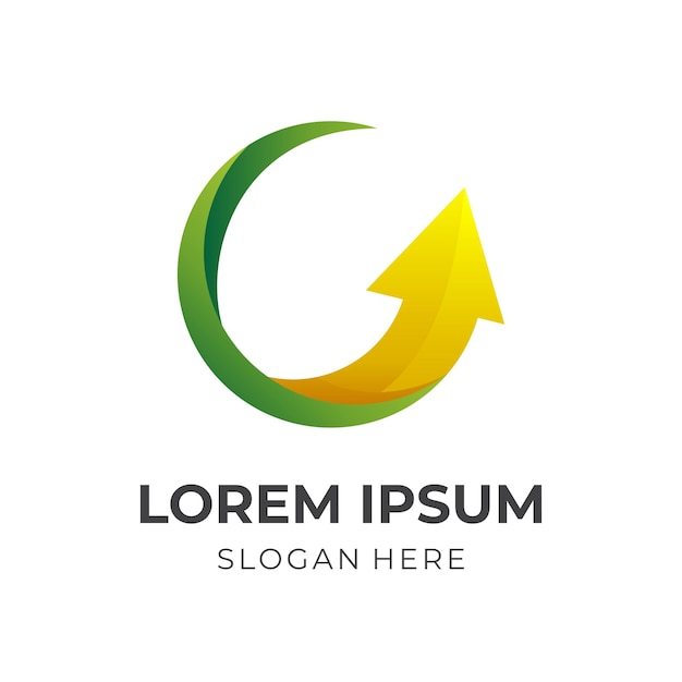 Diseño de logotipo de flecha con estilo de color verde y amarillo 3d