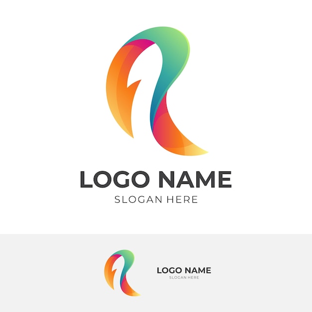 Diseño de logotipo de flecha de letra R logotipo de combinación de letra R y flecha con estilo de color naranja y verde 3d