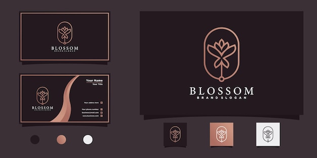 Diseño de logotipo de flor de flor con concepto de línea minimalista y tarjeta de visita vector premium