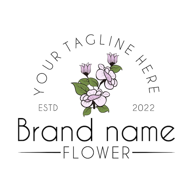 diseño de logotipo de flor floreciente con tallo y hojas.