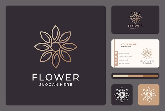 Vector diseño de logotipo de flor de línea abstracta dorada con tarjeta de visita.