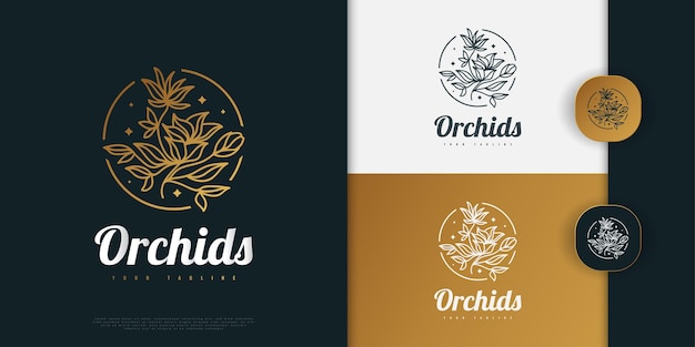 Diseño de logotipo de flor de lujo y elegante con concepto lineal y estilo minimalista en degradado dorado. Logotipo floral, se puede utilizar para las industrias de belleza, joyería, moda y spa