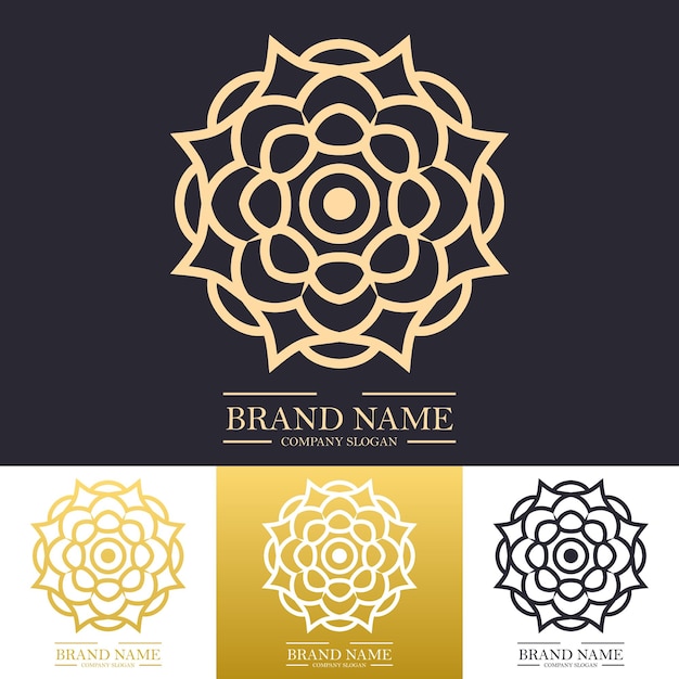 Diseño de logotipo de flor redonda de lujo en color dorado con un moderno concepto de mandala de arte lineal o lineal