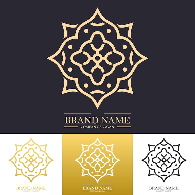 Diseño de logotipo de flor redonda de lujo simple en color dorado con un moderno concepto de mandala de arte lineal o lineal