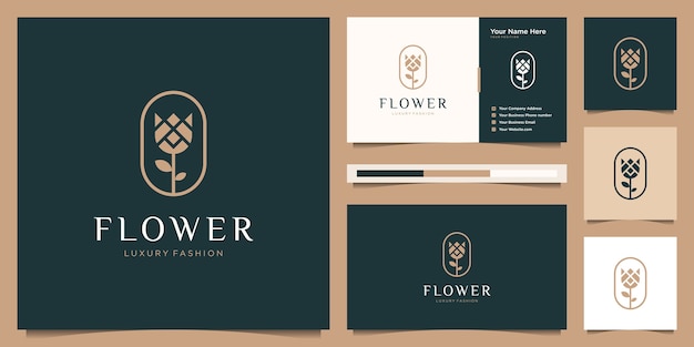 Diseño de logotipo de flor rosa de lujo y tarjeta de visita.