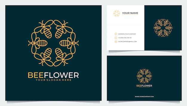 Diseño de logotipo de flores con una combinación de abejas y tarjetas de visita