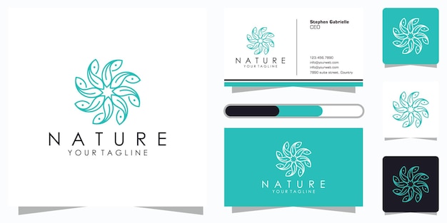 Diseño de logotipo de flores con estilo de arte lineal y tarjeta de visita.