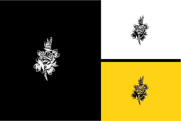 Diseño de logotipo de flores y vector de espada en blanco y negro