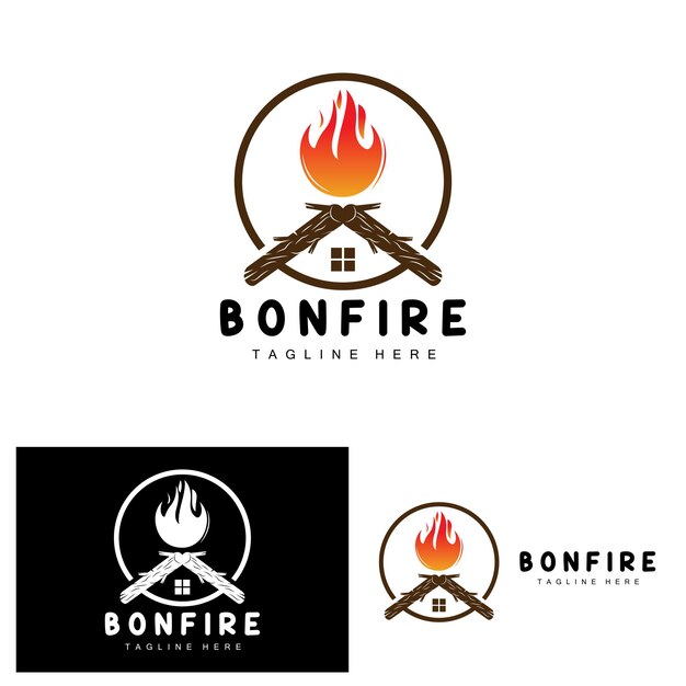 Diseño de logotipo de fogata Camping Vector Diseño de fuego de madera y bosque