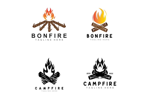 Diseño de logotipo de fogata Camping Vector Diseño de fuego de madera y bosque