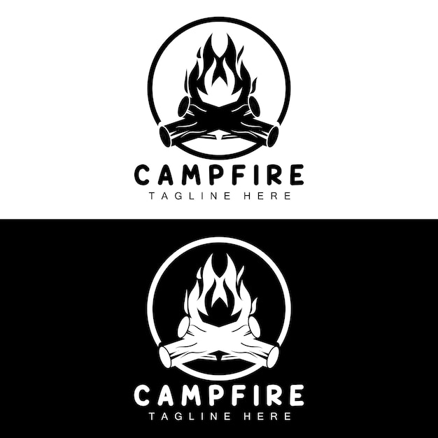Diseño de logotipo de fogata Camping Vector Diseño de fuego de madera y bosque