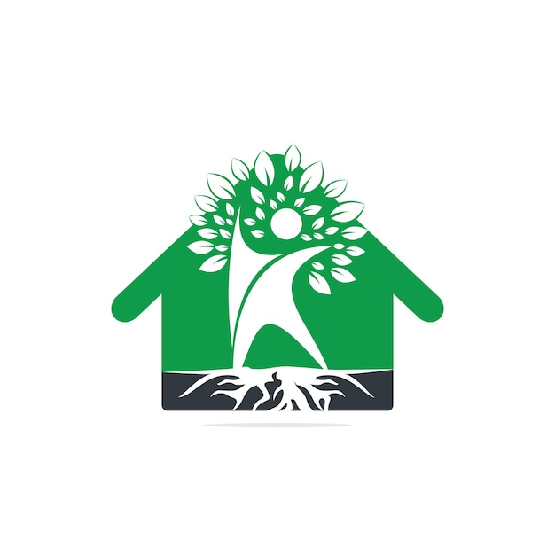 Vector diseño del logotipo de la forma de la casa del árbol humano y las raíces