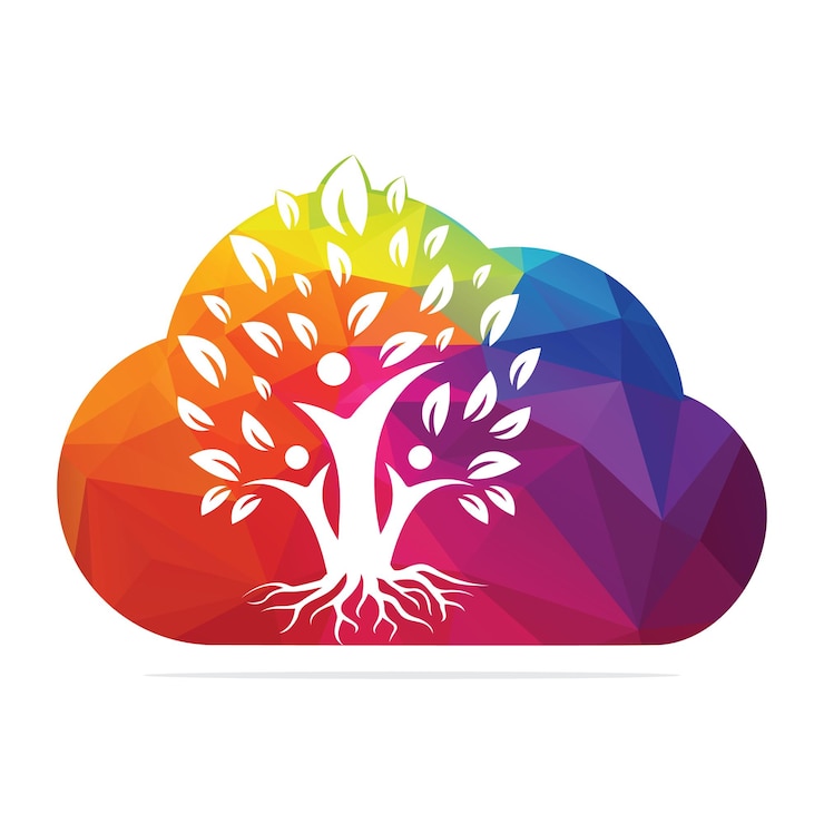 Vector diseño de logotipo en forma de nube de árbol genealógico y raíces diseño de logotipo de icono de símbolo de árbol genealógico