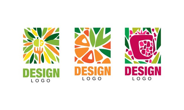 Diseño de logotipo de frutas frescas Conjunto plantillas de alimentos vegetarianos Etiquetas de embalaje Pósters de pancartas Resumen de fondo Ilustración vectorial de estilo de dibujos animados