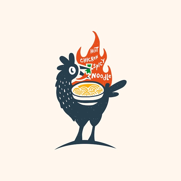 Diseño de logotipo de fuego de fideos de pollo con ilustración de estilo dibujado a mano