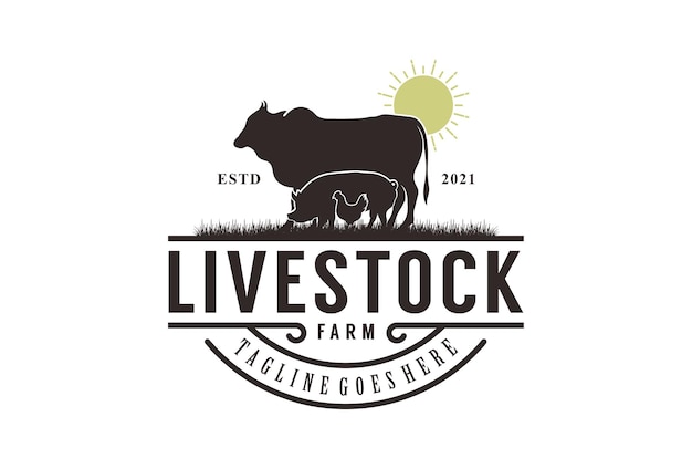 Vector diseño de logotipo de ganado vintage retro ilustración de vector de cerdo y pollo de vaca