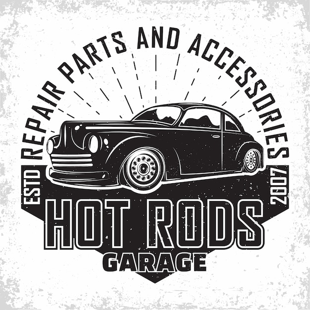 Diseño de logotipo de garaje de Hot Rod, emblema de la organización de reparación y servicio de muscle car, sellos de impresión de garaje de coche retro, emblema de tipografía de hot rod