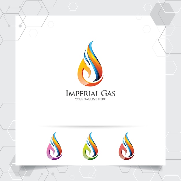 Diseño de logotipo de gas de petróleo con concepto de fuego ardiente y gotas de aceite para la industria minera