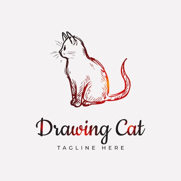 Diseño de logotipo de gato degradado rojo de dibujo a mano Vector de logotipo de gato de mascota animal