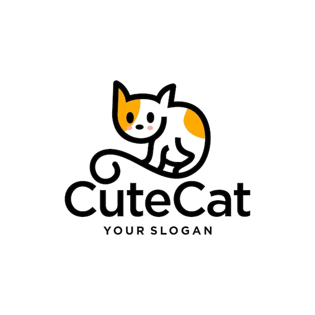 diseño de logotipo de gato pequeño Mascota de logotipo de dibujos animados lindo de gatito blanco y amarillo en estilo de línea de contorno