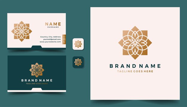 El diseño del logotipo geométrico de flores puede usar la decoración de belleza de yoga del salón de spa con plantilla de tarjeta de visita