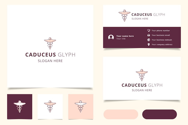 Diseño de logotipo de glifo caduceo con marca de eslogan editable